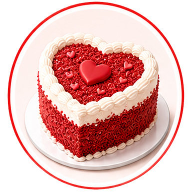 Red heart-shaped cake topped with strawberries