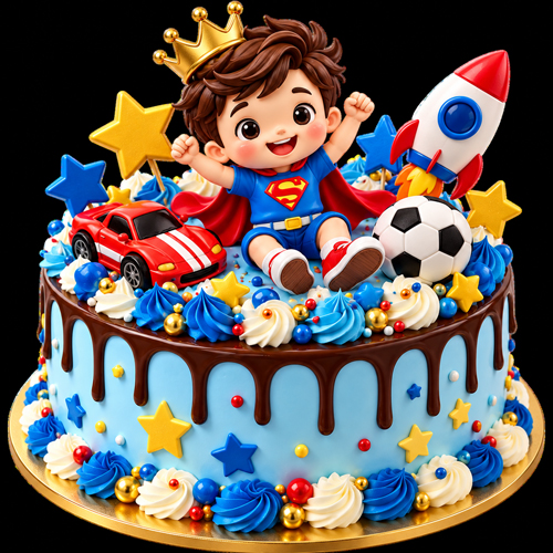 Cake designed with blue icing and toy cars, ideal for celebrating a boy's special day.