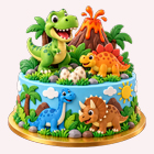 A cake decorated with dinosaurs and a volcano design, perfect for a dinosaur-themed party.