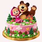 A delightful Masha and the Bear cake beautifully decorated.