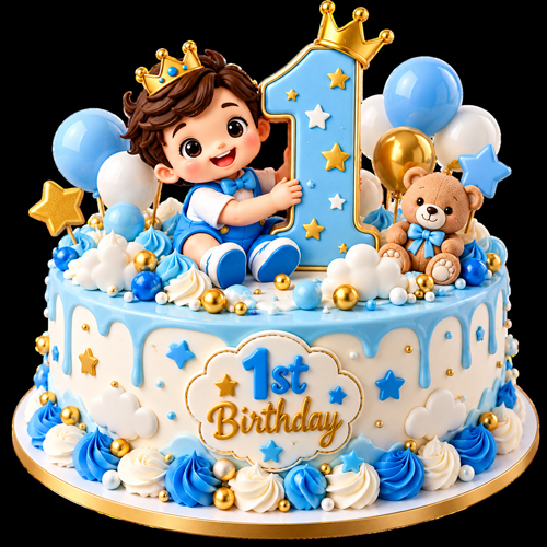  A cake with a teddy bear on top and a number one on the side. Perfect for a first birthday celebration.